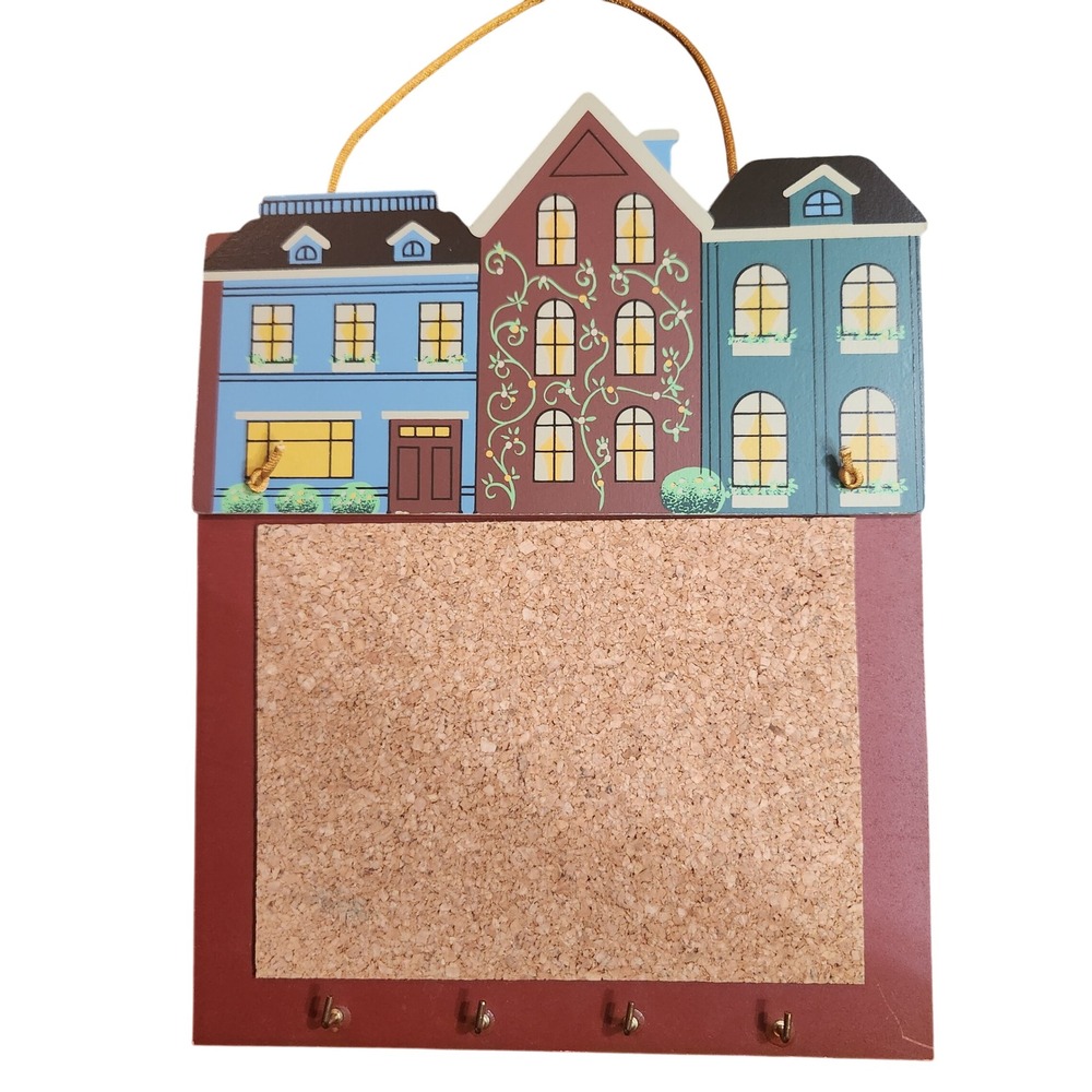 Vintage 1990 Wangs Intl Townhouse Cork Board Key Holder Wall Hanging 9.5x8